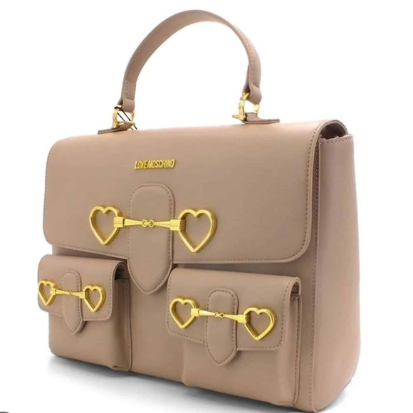 Love Moschino Handbags - Love Moschino Heart-Bit Top Handle Bag Taupe Nude Leather Luxury Coquette Girl
